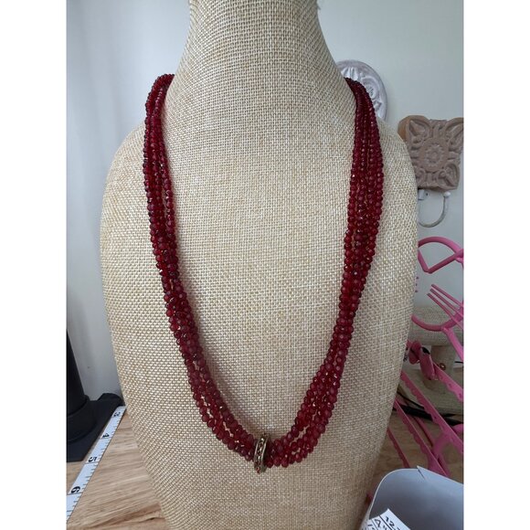 Coldwater Creek Multi-Strand Red Glass Beaded Necklace W/ Gold-Tone Rhinestone - Picture 10 of 15